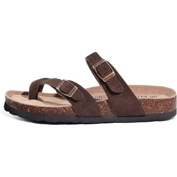 Suede Cork Footbed Sandals Women Adjustable Buckle Summer Comfort Slides - Picture 4 of 8